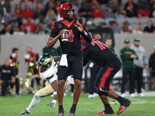 San Diego State quarterback Jayden Denegal looks to throw a pass in the second quarter against Colorado State. (Hayne Palmour IV / For The San Diego Union-Tribune)