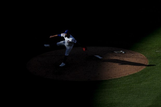 Andrew Kittredge #59 of the Chicago Cubs pitches against the San Diego Padres during the eighth inning during game one of the NL Wild Card Series at Wrigley Field on Tuesday, Sept. 30, 2025 in Chicago, California. (Meg McLaughlin / The San Diego Union-Tribune)