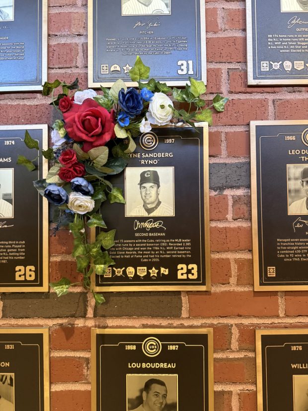 The Cubs have honored Ryne Sandberg outside the bleachers at Wrigley Field. (Ryan FInley, U-T)