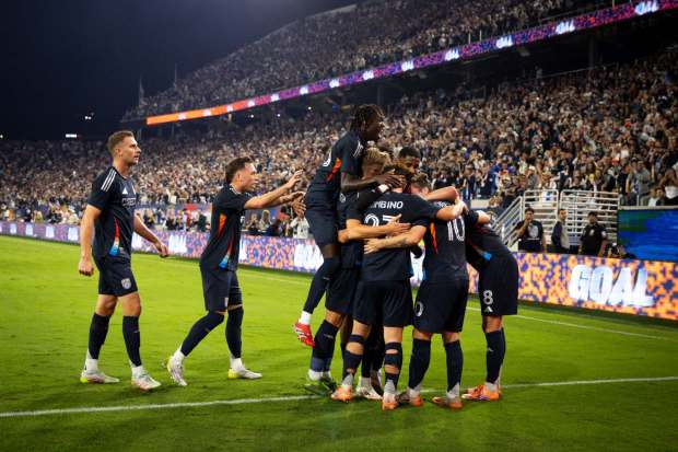 San Diego FC players celebrate after a goal against the Portland Timbers during match one of the Western Conference Round One of the 2025 MLS Cup Playoffs at Snapdragon Stadium on Sunday, Oct. 26, 2025 in San Diego, California. (Meg McLaughlin / The San Diego Union-Tribune)