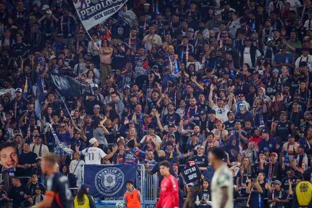 Supporters chant during match one of the Western Conference Round One of the 2025 MLS Cup Playoffs between San Diego FC and Portland Timbers at Snapdragon Stadium on Sunday, Oct. 26, 2025 in San Diego, California. (Meg McLaughlin / The San Diego Union-Tribune)