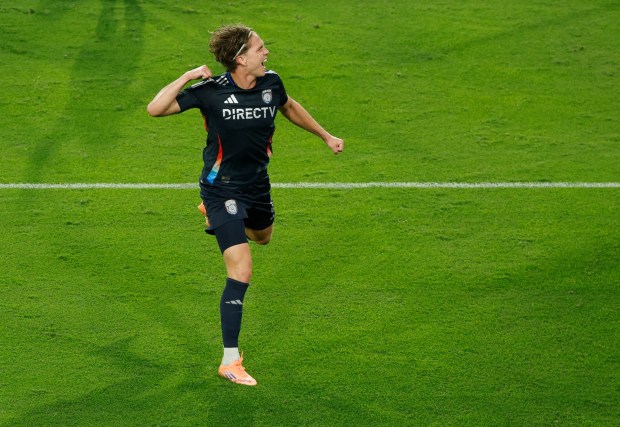 Onni Valakari of the San Diego FC celebrates after scoring against the Portland Timbers in match one of the Western Conference Round One of the 2025 MLS Cup Playoffs at Snapdragon Stadium on Oct. 26, 2025 in San Diego, California. (K.C. Alfred / The San Diego Union-Tribune)