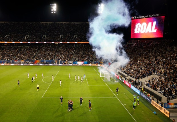 Onni Valakari #8 of San Diego FC celebrates with teammates after scoring against the Portland Timbers in match one of the Western Conference Round One of the 2025 MLS Cup Playoffs at Snapdragon Stadium on Oct. 26, 2025 in San Diego, California. (Photo by K.C. Alfred / The San Diego Union-Tribune)