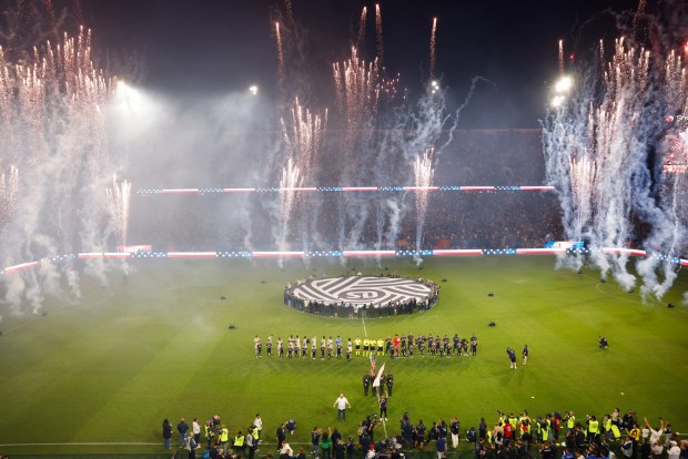 Fireworks go off as Frankie J sings the national anthem before San Diego FC played the Portland Timbers in match one of the Western Conference Round One of the 2025 MLS Cup Playoffs at Snapdragon Stadium on Oct. 26, 2025 in San Diego, California. (Photo by K.C. Alfred / The San Diego Union-Tribune)