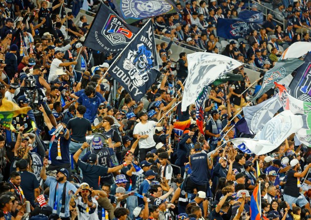 Fans celebrate after San Diego FC beat the Portland Timbers 2-1 in match one of the Western Conference Round One of the 2025 MLS Cup Playoffs at Snapdragon Stadium on Oct. 26, 2025 in San Diego, California. (Photo by K.C. Alfred / The San Diego Union-Tribune)