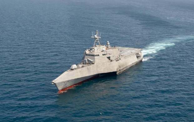 The San Diego-based littoral combat ship USS Canberra arrives in Bahrain to conduct mine-sweeping operations on the region in May 2025. (U.S. Central Command)