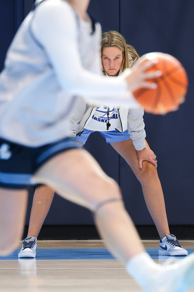 USD coach Blanche Alverson looks on during practice at the Basketball Performance Center on campus on Thursday, Oct. 9, 2025 in San Diego, California. (Meg McLaughlin / The San Diego Union-Tribune)
