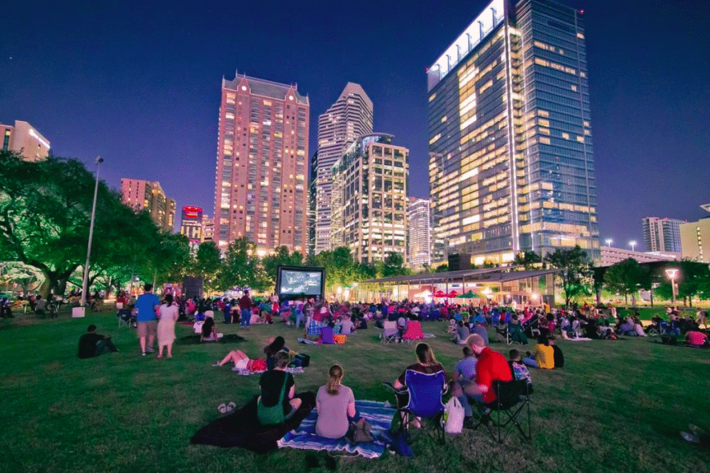 Image shows a group of people watching outdoor movies in Houston at Discovery Green's Screen on the Green.