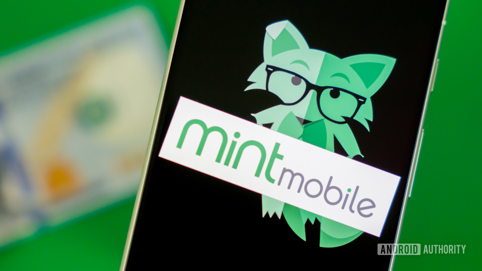 Stock photo of Mint Mobile fox on phone with money 1 Stock photo of Mint Mobile fox on phone with money 1