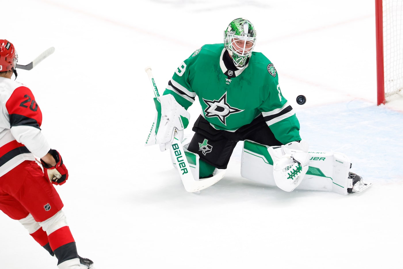 Carolina Hurricanes center Sebastian Aho (20) shoots and scores on Dallas Stars goaltender...