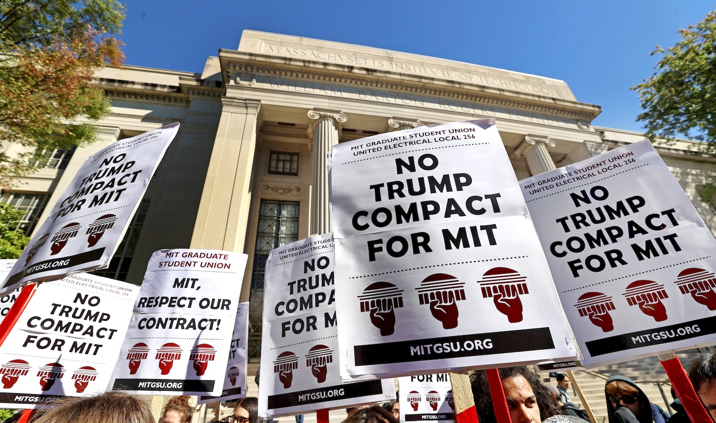 The MIT Grad Student Union held a news conference and rally Friday urging university leadership to reject a "compact" the White House sent to MIT last week.