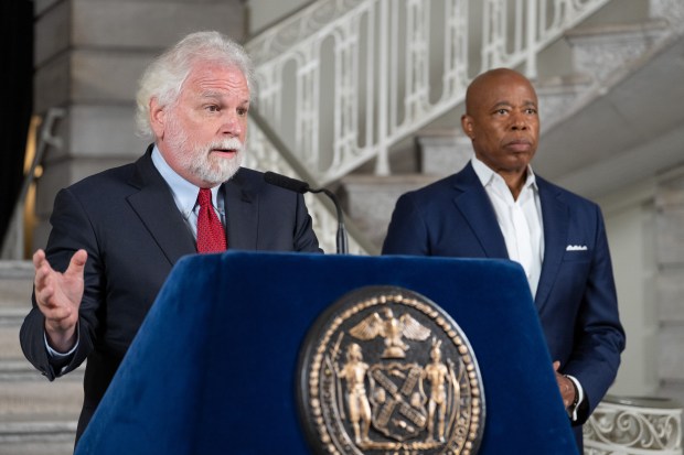 First Deputy Mayor Randy Mastro, left, speaks alongside Mayor Eric Adams during a press conference at City Hall on Friday, Aug. 22, 2025 in Manhattan, New York. (Barry Williams/ New York Daily News)