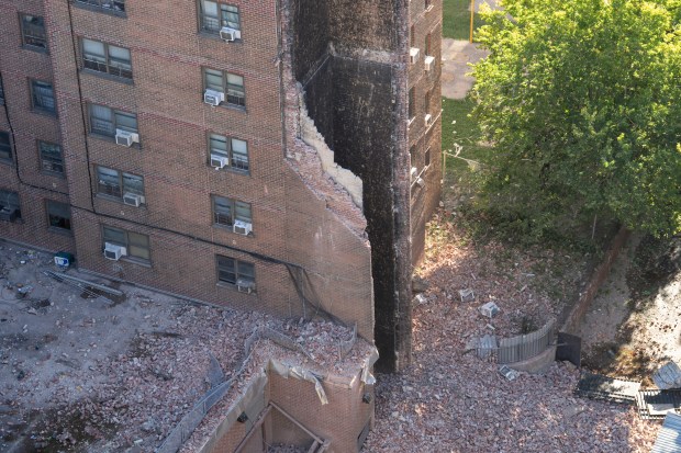 Emergency workers respond to a partial building collapse at 205-207 Alexander Ave. Wednesday, Oct. 1, 2025 in the Bronx, New York, New York. (Barry Williams/ New York Daily News)