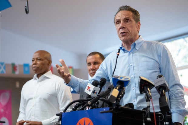 Former Gov. Andrew Cuomo speaks at a campaign press conference alongside Mayor Eric Adams and former Gov. David Paterson at Rain Boston Road Senior Center Tuesday, Oct. 28, 2025 in the Bronx. (Barry Williams/ New York Daily News)