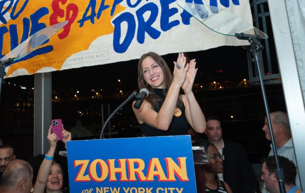 Zohran Mamdani's campaign manager, Elle Bisgaard-Church, speaks at Mamdani's Democratic victory party Tuesday, June 24, 2025, in Queens, New York. (Barry Williams/ New York Daily News)
