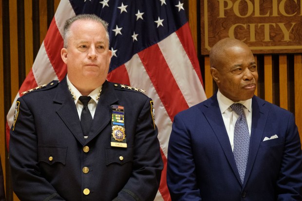 Mayor Eric Adams, right, and NYPD Chief of Department John Chell attend a press conference at police headquarters in Manhattan, New York on Thursday, Sept. 18, 2025. (Gardiner Anderson / New York Daily News)