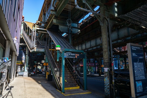 Two teen girls were found dead on top of the last car of a J train after it entered the Marcy Ave. subway stop at Broadway in Williamsburg, Brooklyn, early Saturday, Oct. 4, 2025. (Theodore Parisienne / New York Daily News)