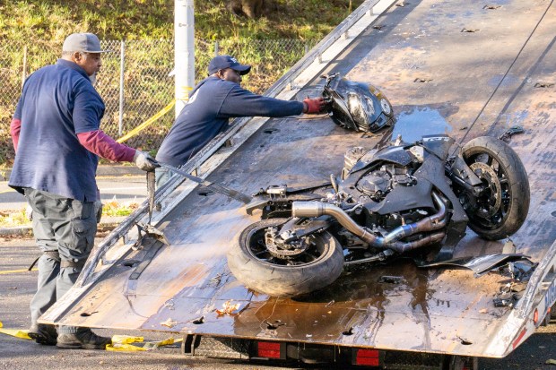 The motorcycle that was driven by Besim Muminovic is pictured after a crash with a Mercedes in Brooklyn on Monday, Oct. 20, 2025. (Theodore Parisienne / New York Daily News)