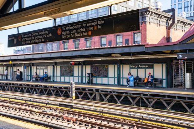 Two teen girls were found dead on top of the last car of a J train after it entered the Marcy Ave. subway stop at Broadway in Williamsburg, Brooklyn, early Saturday, Oct. 4, 2025. (Theodore Parisienne / New York Daily News)