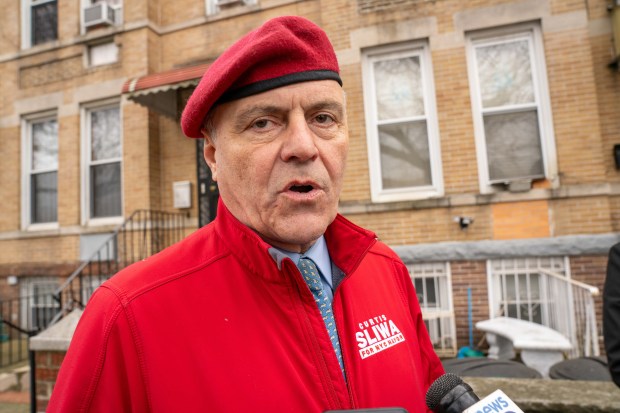 Curtis Sliwa is pictured in Brooklyn on Sunday, April 6, 2025. (Theodore Parisienne / New York Daily News)