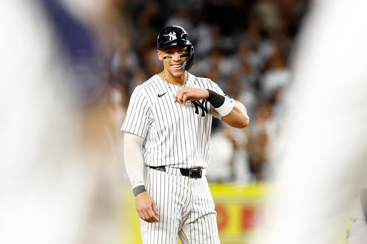 Yankees outfielder Aaron Judge hit a single in the third inning and advanced to second base on a passed ball.