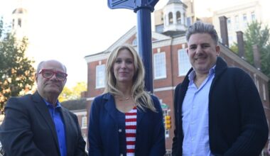 Mark Segal, founder and publisher of Philadelphia Gay News, Maita Soukup, VP Experience and Engagement of the Philadelphia Visitors Center and Neil Frauenglass, chief marketing officer of Visit Philadelphia, at the LGBTQ Historic Marker near Independence Mall, on October 9, 2025.