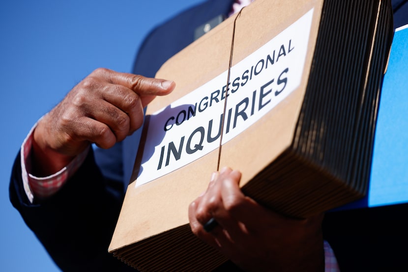 U.S. Rep. Marc Veasey, D-Fort Worth, speaks with media outside of the U.S. Immigration and...