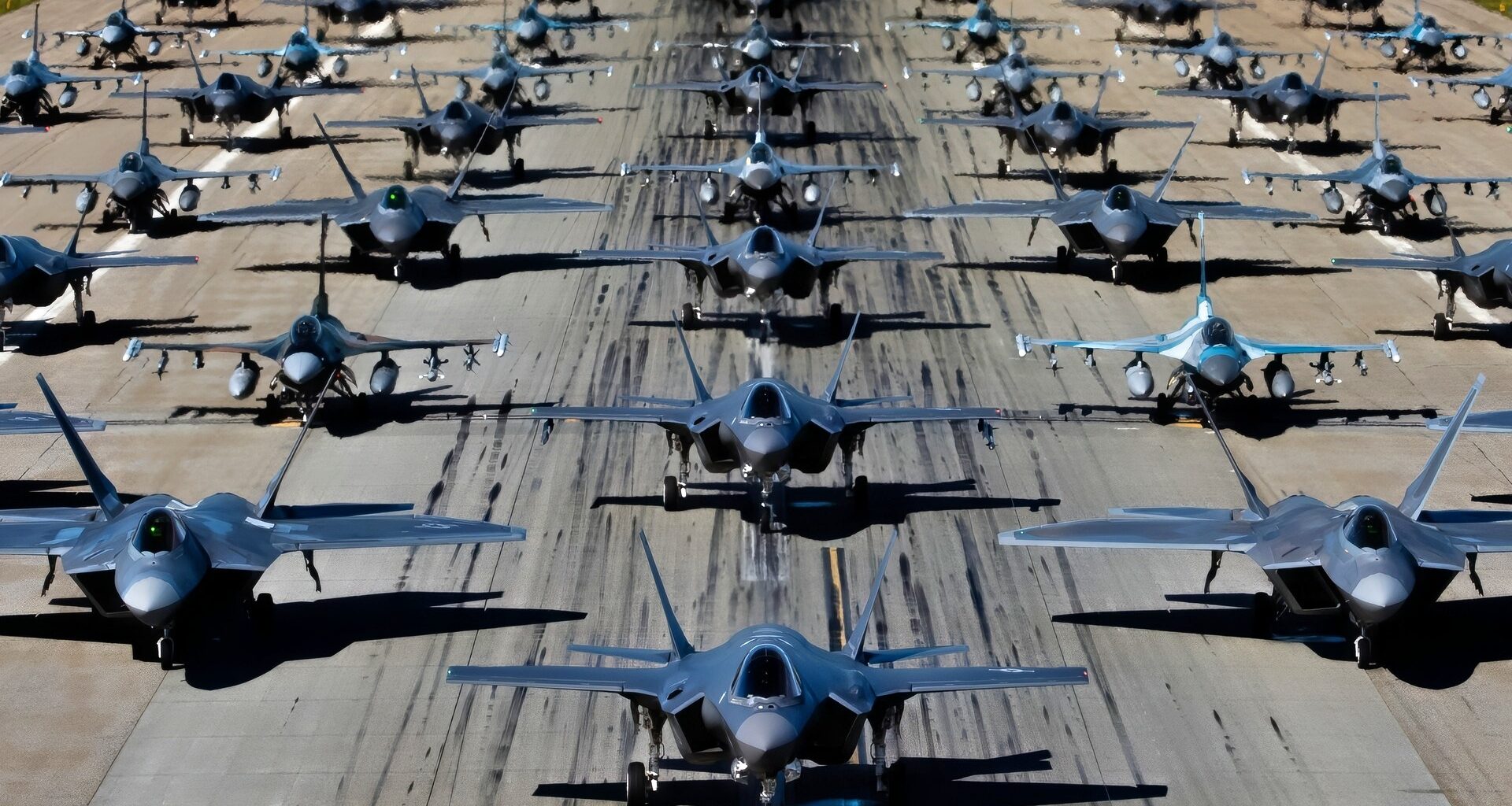 The 354th Fighter Wing conducts a 75-fighter jet formation at Eielson Air Force Base, Alaska, Aug. 12, 2022, in honor of the U.S. Air Force’s 75th Anniversary. This capabilities demonstration included F-35A Lightning II, F-16 Fighting Falcon and F-22 Raptor aircraft from across Pacific Air Forces. (U.S. Air Force photo by Senior Airman Gary Hilton)