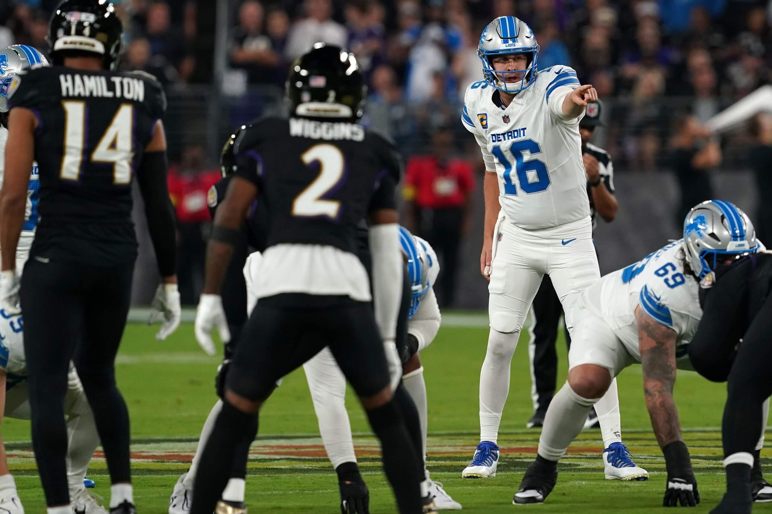 Detroit Lions quarterback Jared Goff calls an audible during a game against the Baltimore Ravens.