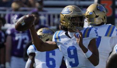 Sep 27, 2025; Evanston, Illinois, USA; UCLA Bruins quarterback Nico Iamaleava (9) passes the ball against the Northwestern Wildcats during the first half at Northwestern Medicine Field at Martin Stadium.