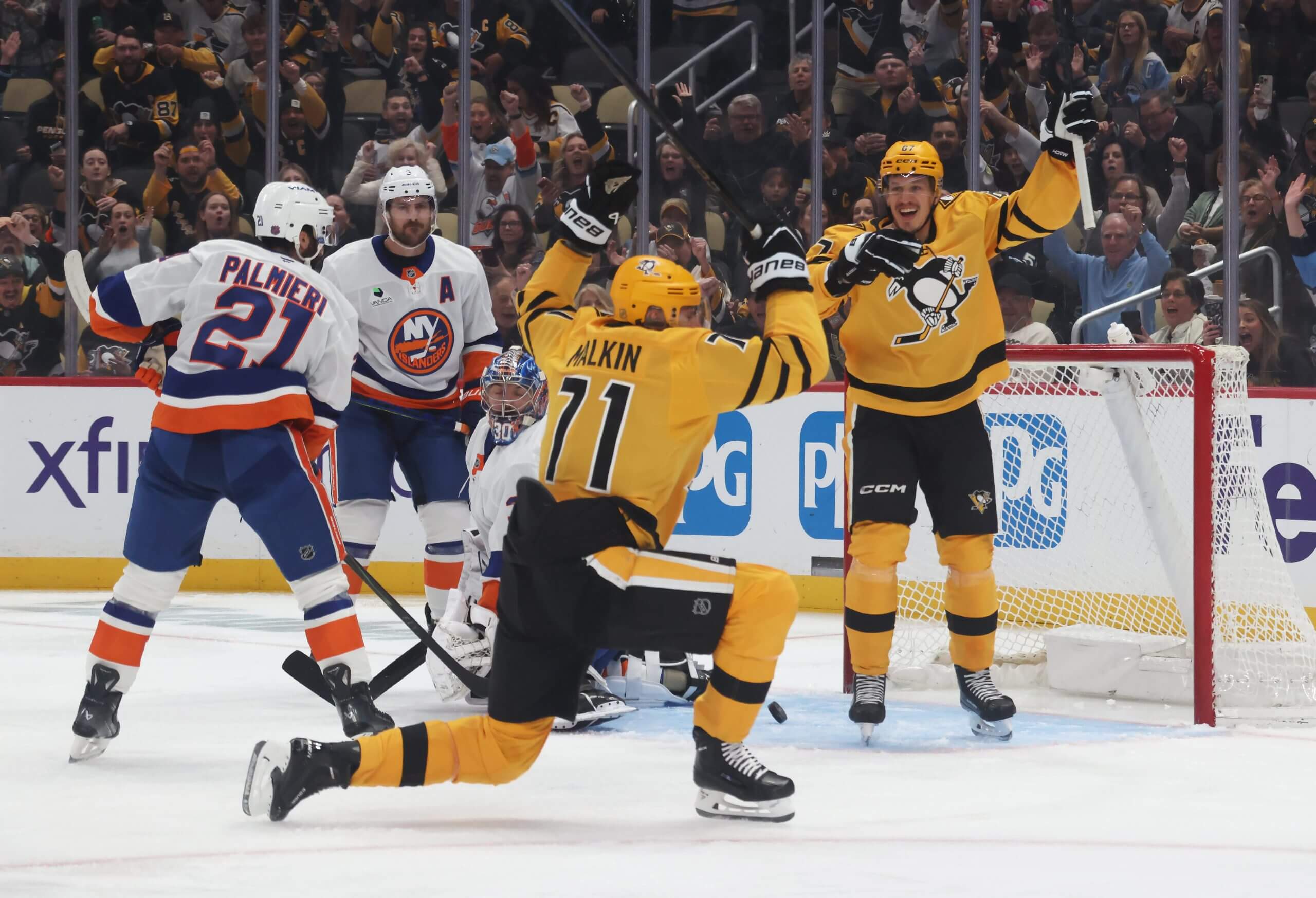 Pittsburgh's Evgeni Malkin celebrates a goal against the New York Islanders.