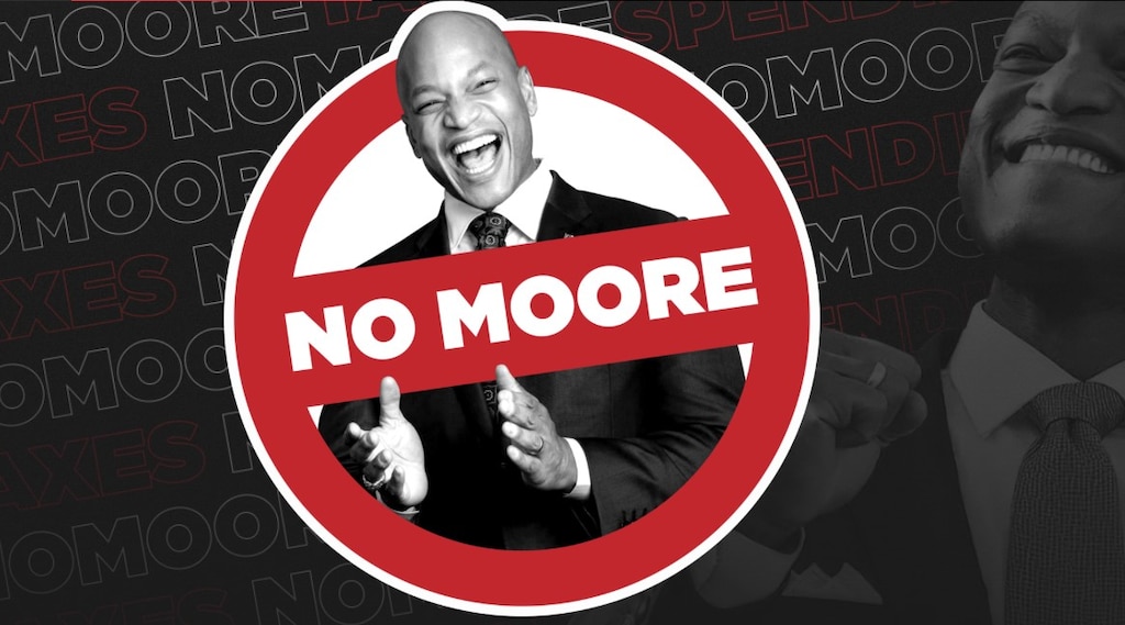 A screenshot of a website branded "No Moore" which, along with related social media accounts, have been attacking Maryland Gov. Wes Moore's record. Maryland Democrats allege the anonymous accounts violate campaign finance laws.