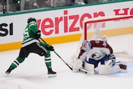 Colorado Avalanche goaltender Mackenzie Blackwood (39) blocks a shot by Dallas Stars' Thomas...
