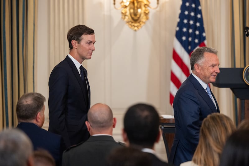 WASHINGTON, DC - SEPTEMBER 29: Steve Witkoff and Jared Kushner are seen before a press conference with President Donald Trump and Israeli Prime Minister Benjamin Netanyahu in the State Dining Room of the White House in Washington, DC on September 29, 2025. (Photo by Stringer/Anadolu via Getty Images)