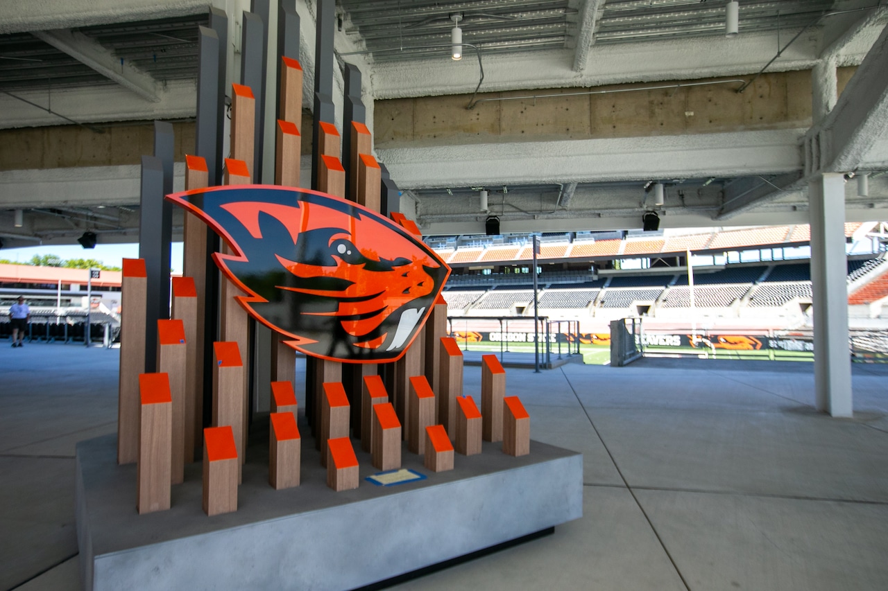 The Oregon State Beavers logo inside Reser Stadium in Corvallis Oregon