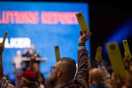 Attendees vote on resolutions during the 2025 SBC Annual meeting at the Kay Bailey Hutchison...