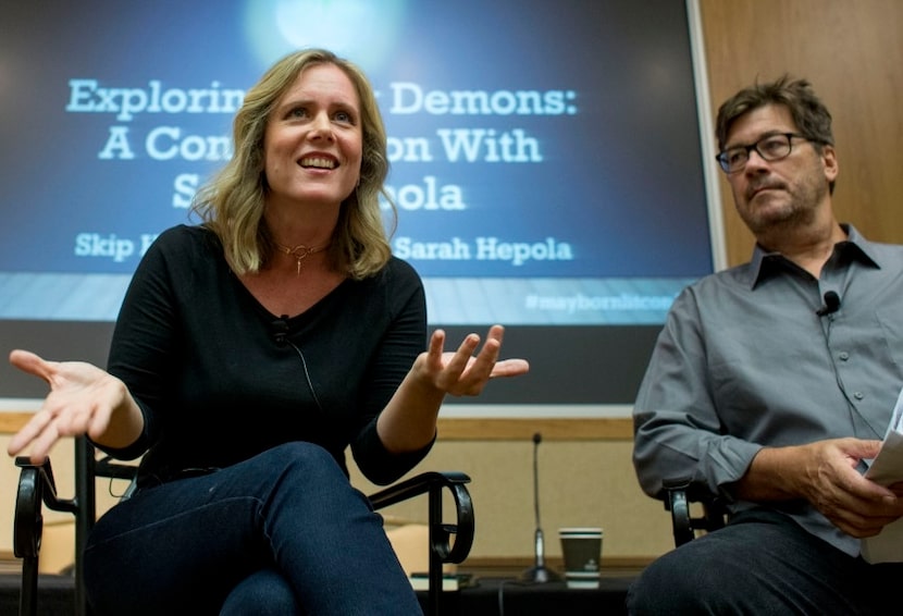 Skip Hollandsworth, right, interviews the author at a Mayborn panel in 2017.