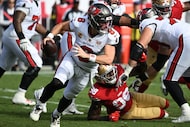 Tampa Bay Buccaneers quarterback Baker Mayfield (6) rolls out against the San Francisco...