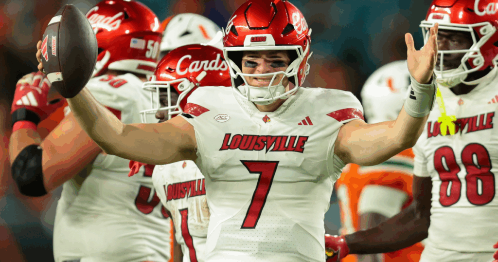 Oct 17, 2025; Miami Gardens, Florida, USA; Louisville Cardinals quarterback Miller Moss (7) celebrates after winning the game against the Miami Hurricanes at Hard Rock Stadium. Mandatory Credit: Sam Navarro-Imagn Images