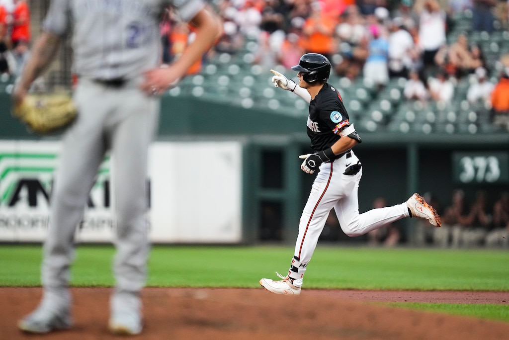 Baltimore Orioles first baseman Coby Mayo (16) runs the bases after hitting a home run during a game against the Colorado Rockies at Oriole Park at Camden Yards in Baltimore, Md. on Friday, July 25, 2025.