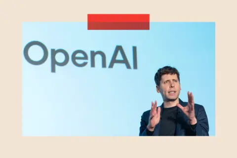 Getty Images News Sam Altman talking by an Open AI sign