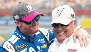 Oct 5, 2025; Concord, North Carolina, USA; NASCAR Cup Series driver Ross Chastain (1) backs across the finish line at Charlotte Motor Speedway Road Course