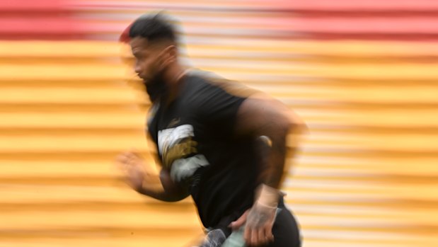 Payne Haas in full flight at training during grand final week.