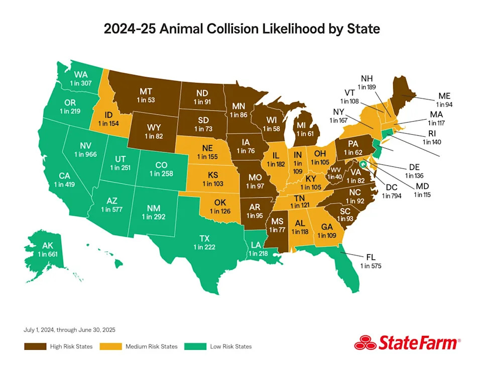 Map showing likelihood of vehicle-animal collisions across the U.S. between 2024-2025.