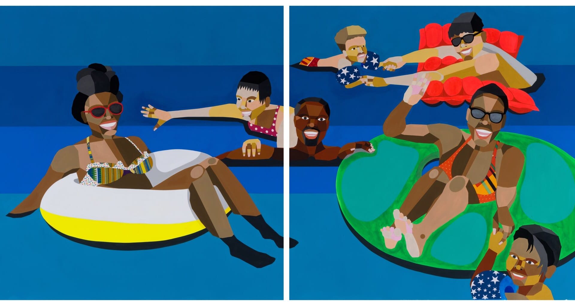 a diptych painting by Derrick Adams of Black figures floating in a pool on inner tubes