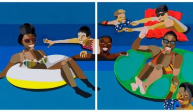 a diptych painting by Derrick Adams of Black figures floating in a pool on inner tubes