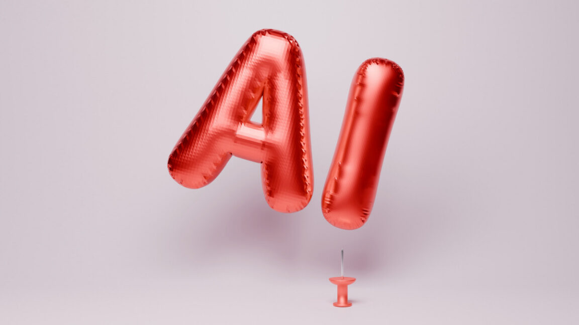 An "AI" balloon floating close to a sharp, upturned push pin.