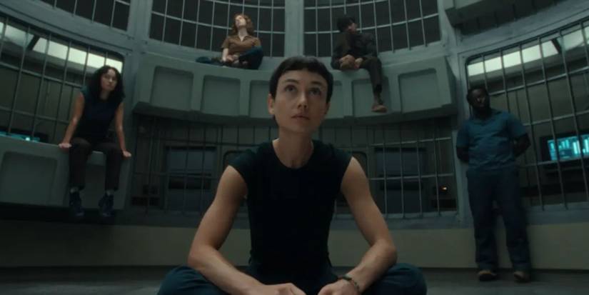 Wendy, Curly, Nibs, Slightly, and Smee trapped in a cage in 'Alien: Earth' Episode 8.
