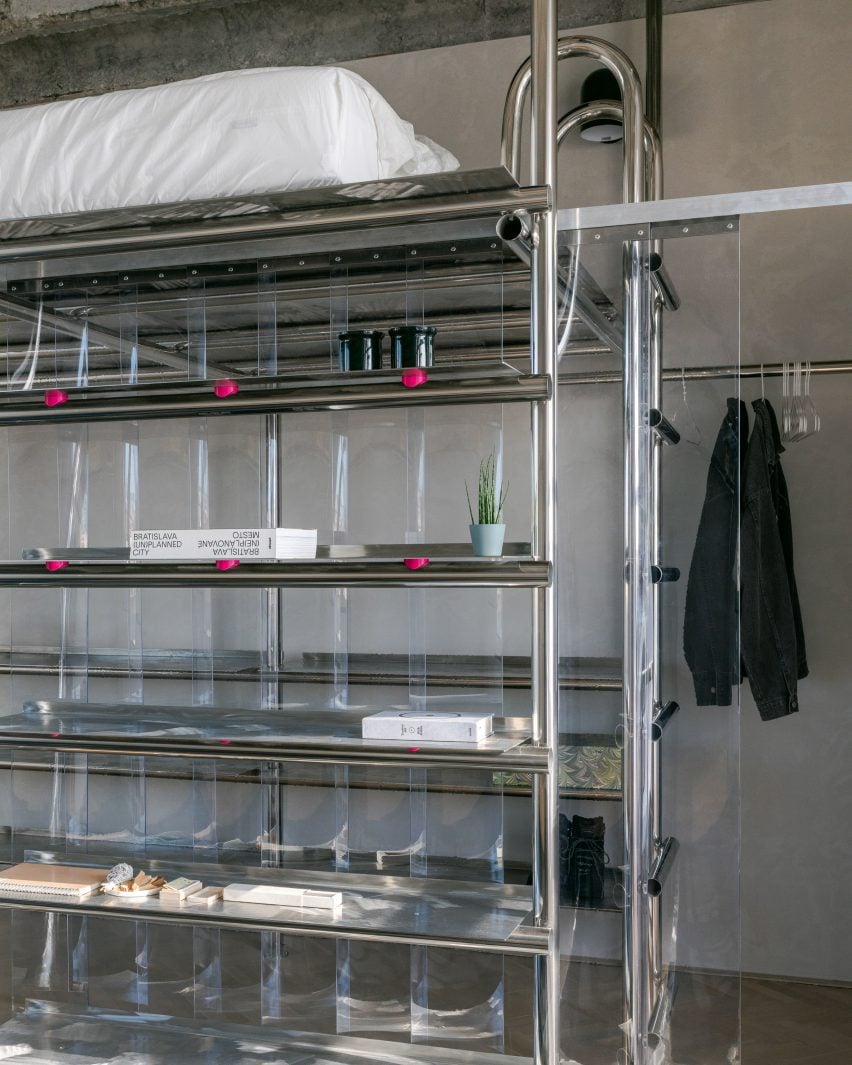 Close up of metal frame and plastic curtains