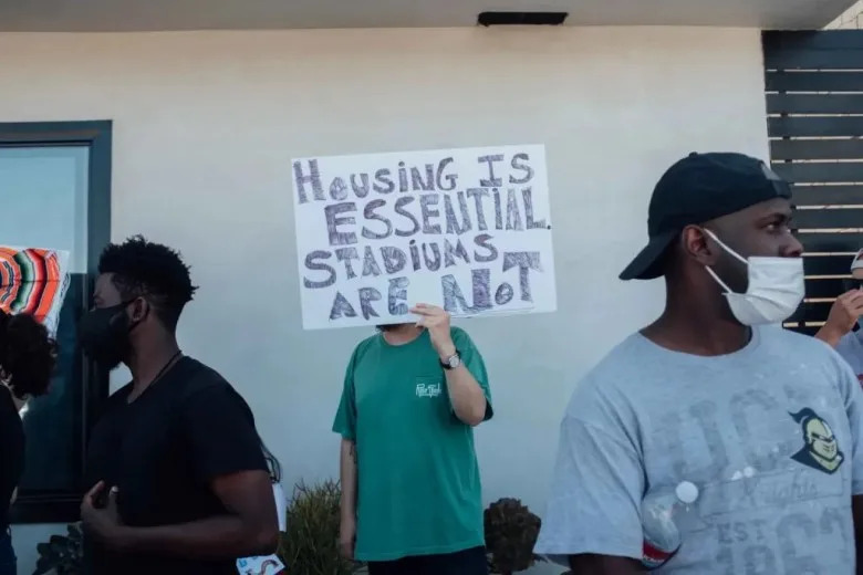 Since 2020, residents across the city have staged protests outside new developments meant to attract new, wealthier residents. (Courtesy of Kemal Cilengir/Lennox-Inglewood Tenants Union and NOlympicsLA)